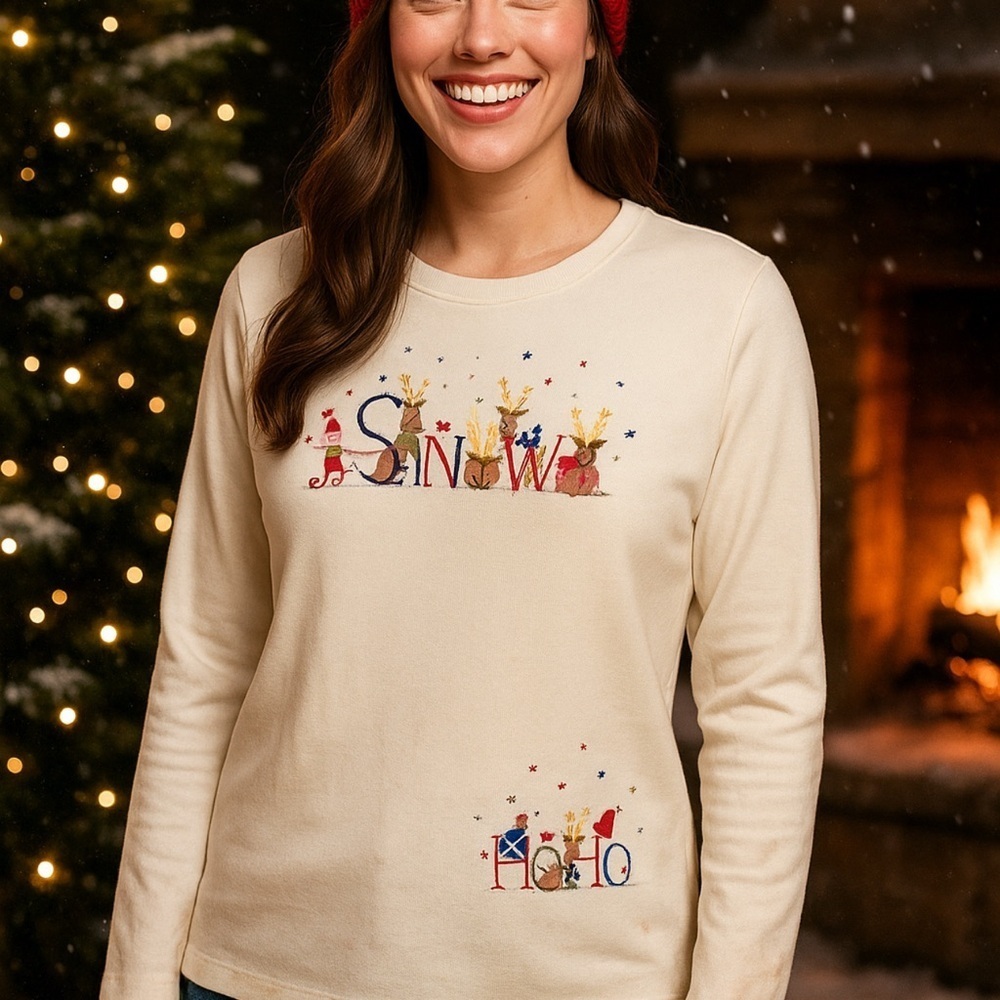 White Stag L Christmas Holiday Top Embroidered Reindeer Rhinestone Bells Snow